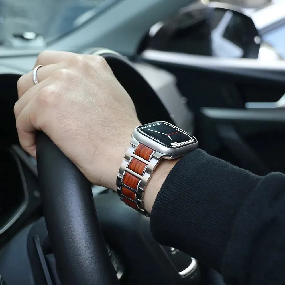 Sangle en bois de santal rouge et acier inoxydable pour horloges