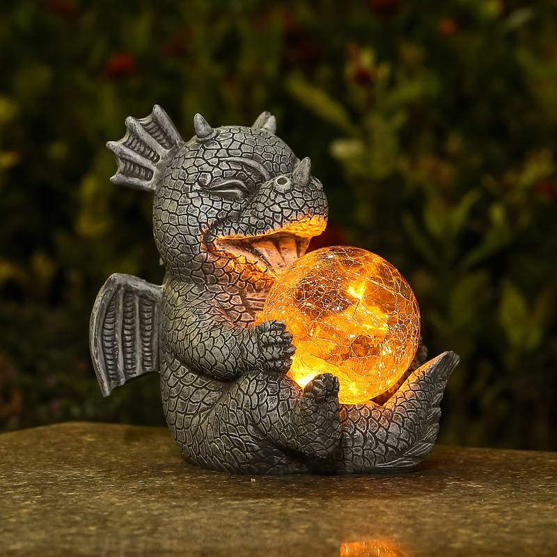 Trädgårdsstaty - Draconis - Solbelysning - Staty av drake i harts med lampa
