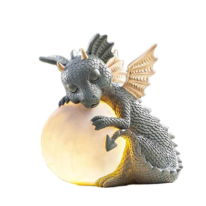 Trädgårdsstaty - Draconis - Solbelysning - Staty av drake i harts med lampa