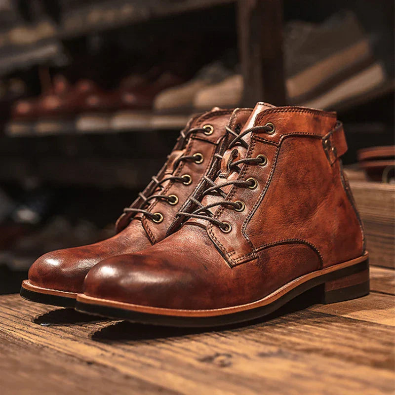 Handmade Leather Men's Boots – Retro Round Toe Ankle Boots for Men