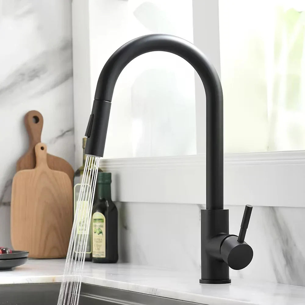 Robinet d'évier de cuisine Caden Silver – Robinet de lavabo à poignée unique extractible avec valve en céramique