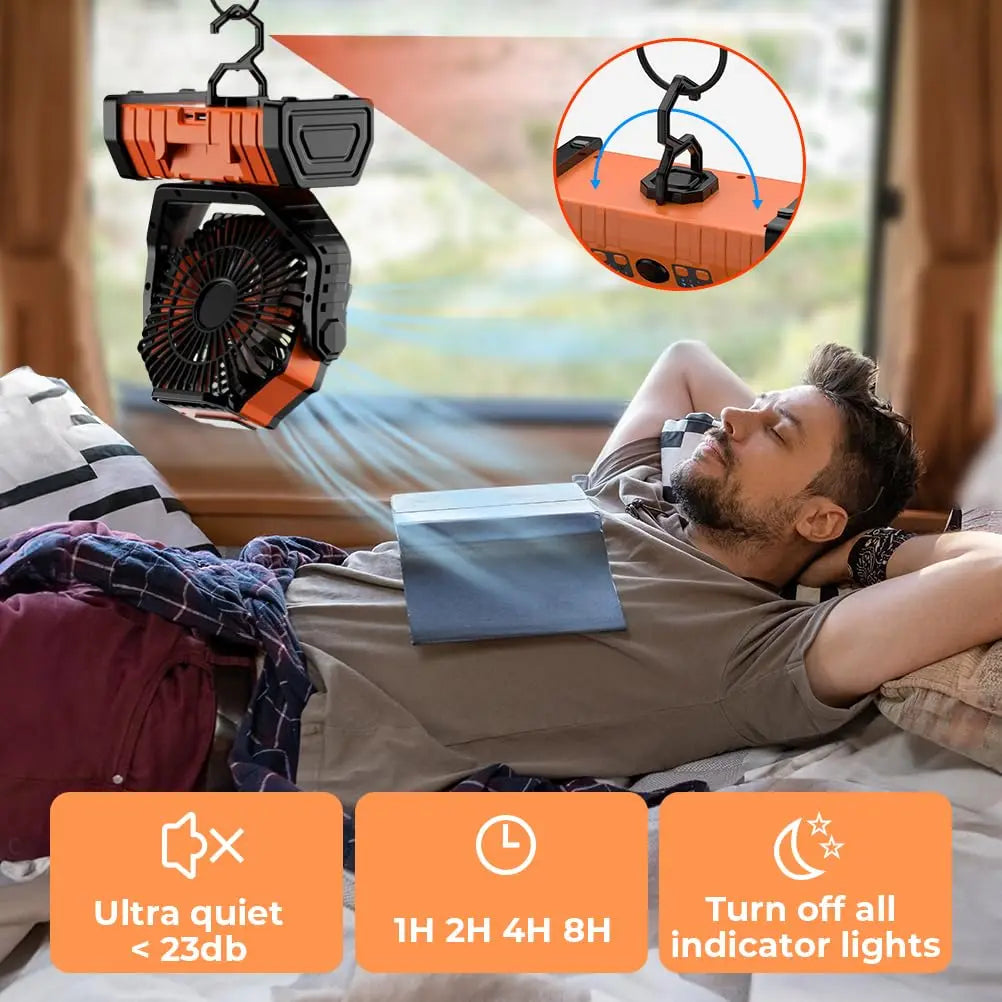 20000mAh újratölthető kemping ventilátor LED világítással és USB power bankkal