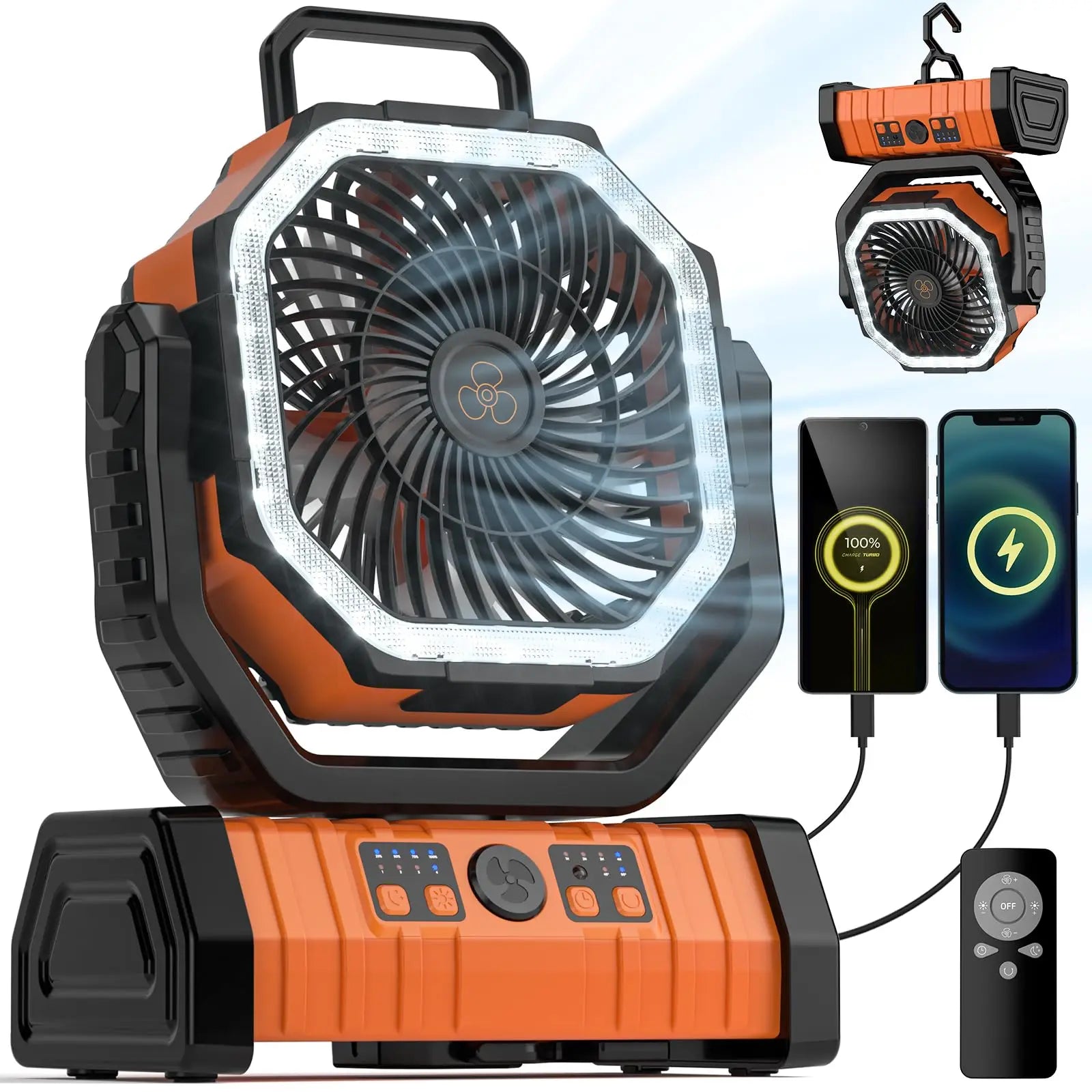 20000mAh újratölthető kemping ventilátor LED világítással és USB power bankkal