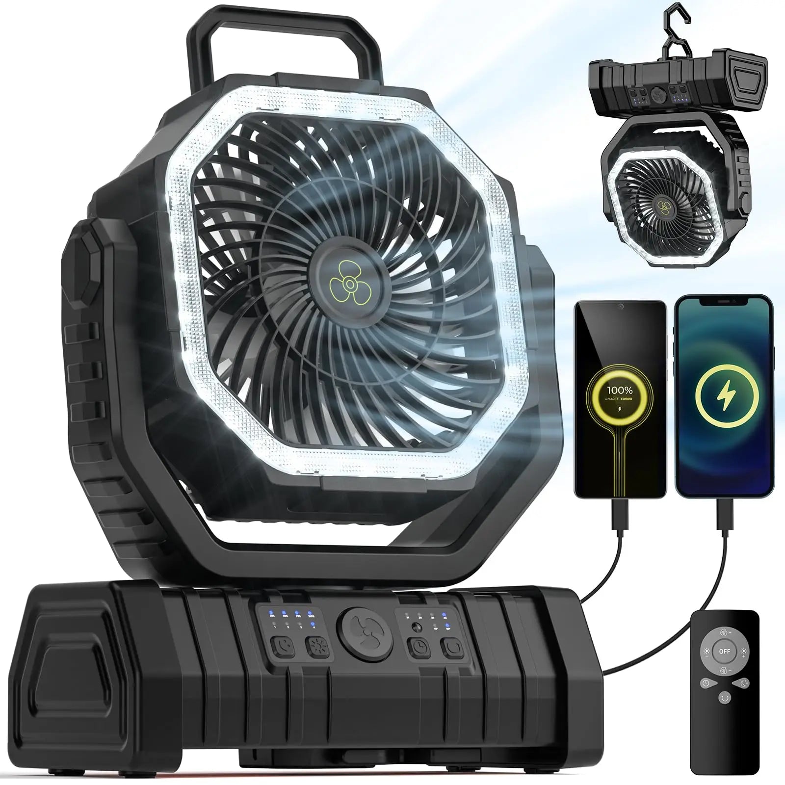20000mAh újratölthető kemping ventilátor LED világítással és USB power bankkal