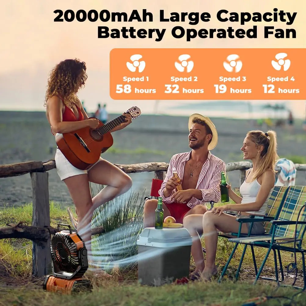 20000mAh újratölthető kemping ventilátor LED világítással és USB power bankkal