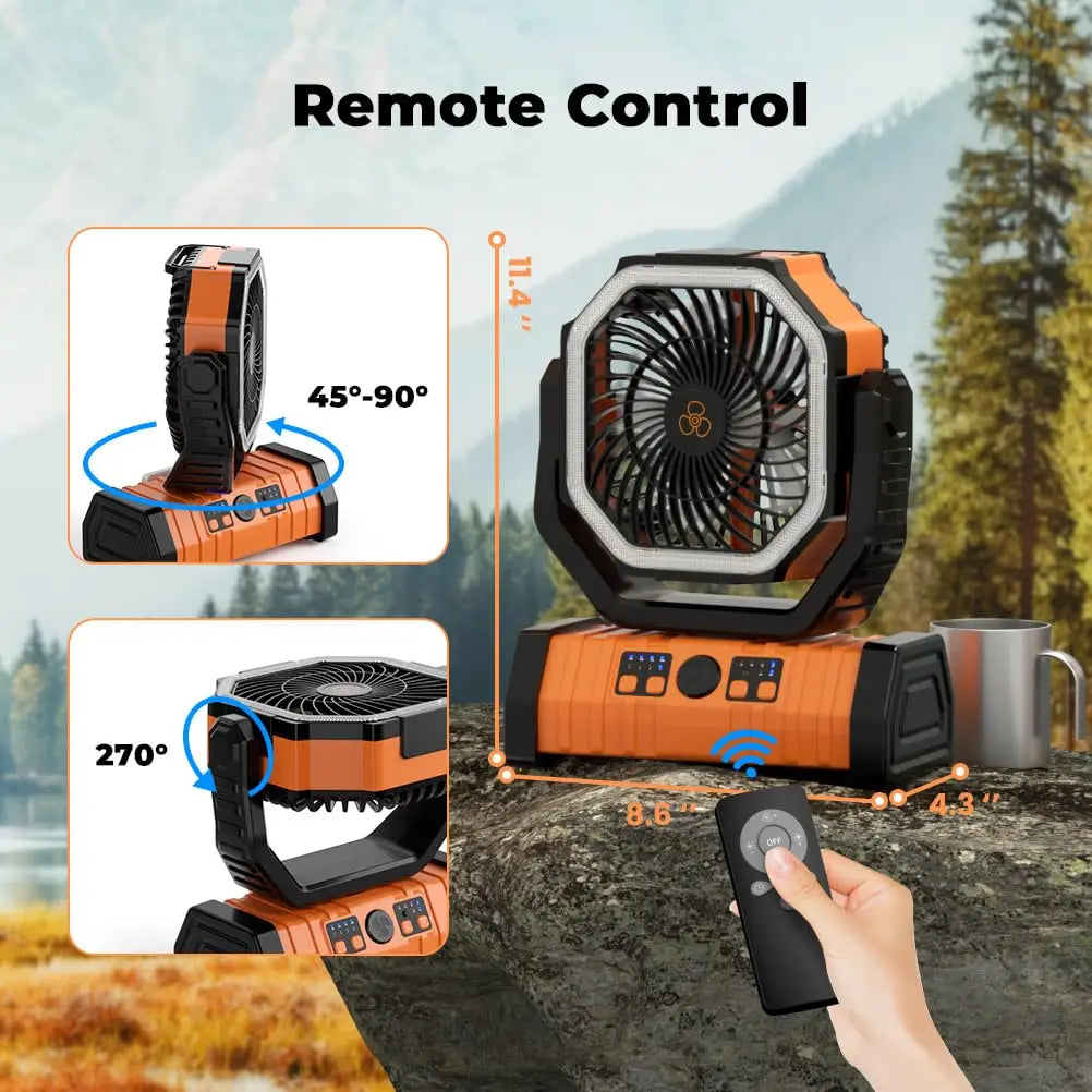 20000mAh újratölthető kemping ventilátor LED világítással és USB power bankkal