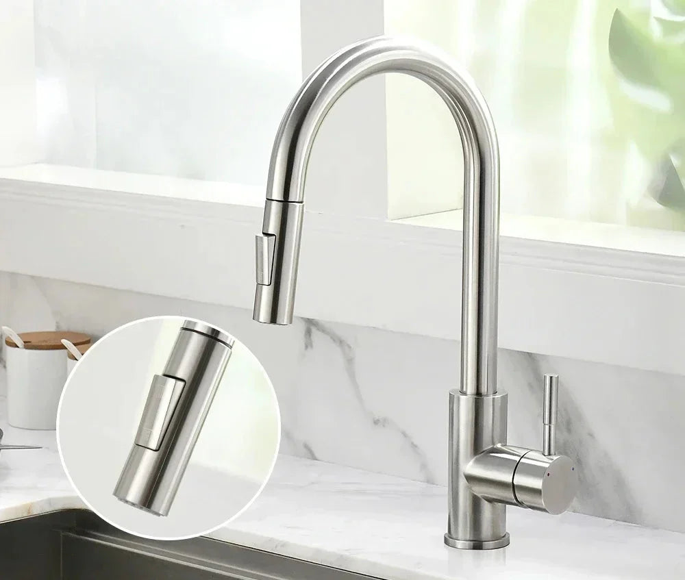 Robinet d'évier de cuisine Caden Silver – Robinet de lavabo à poignée unique extractible avec valve en céramique