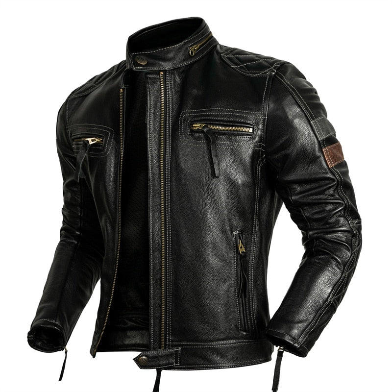 Veste de motard en cuir naturel pour hommes