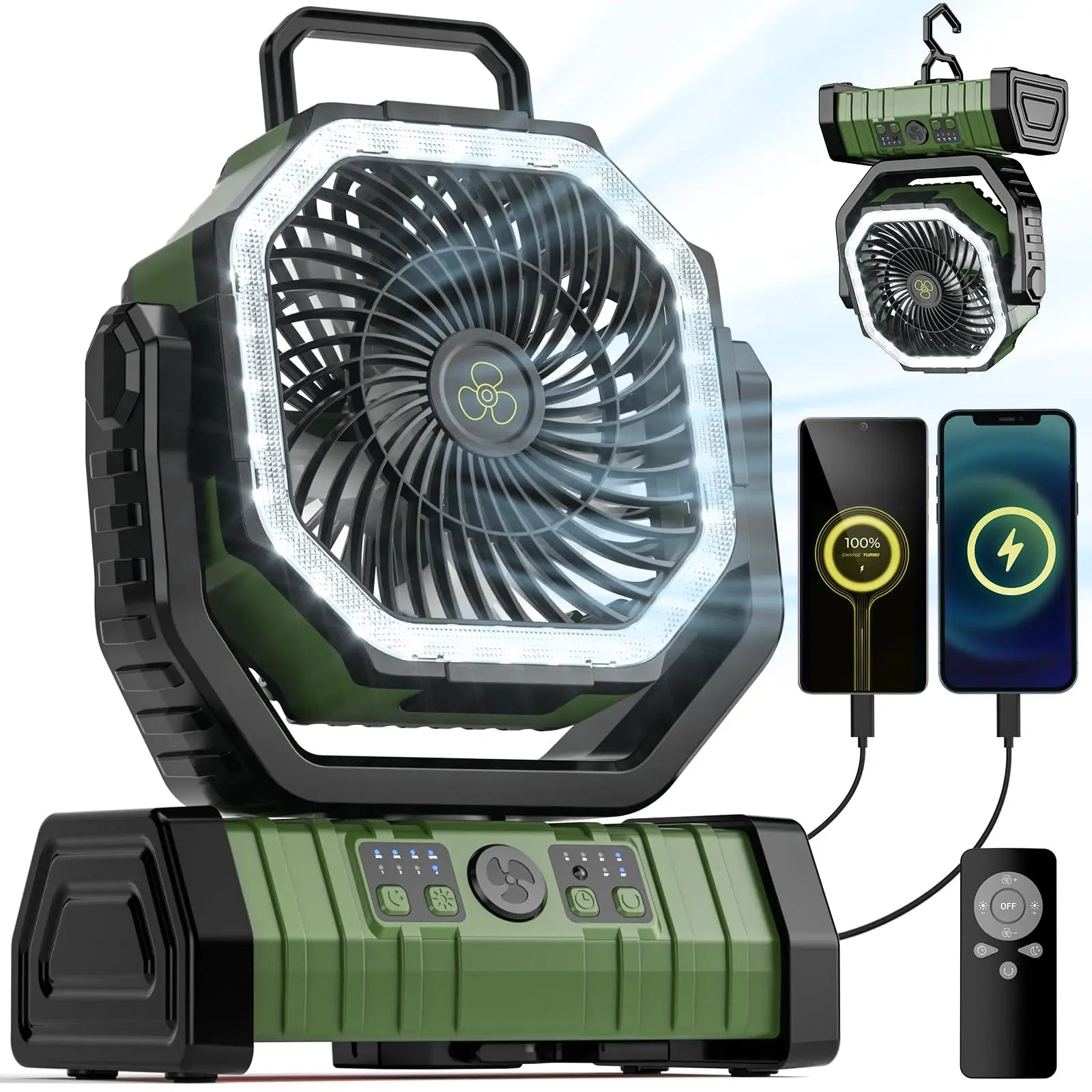 20000mAh újratölthető kemping ventilátor LED világítással és USB power bankkal