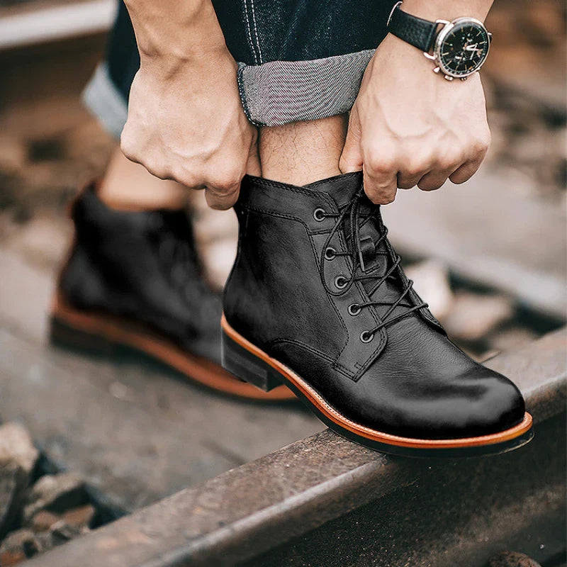 Handmade Leather Men's Boots – Retro Round Toe Ankle Boots for Men