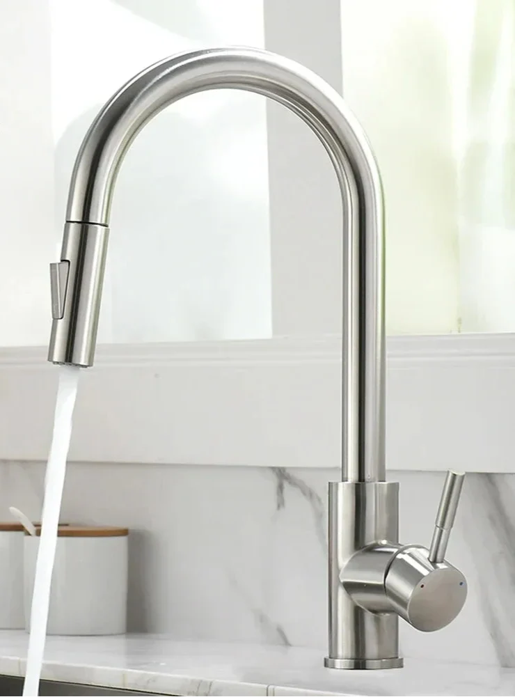 Robinet d'évier de cuisine Caden Silver – Robinet de lavabo à poignée unique extractible avec valve en céramique