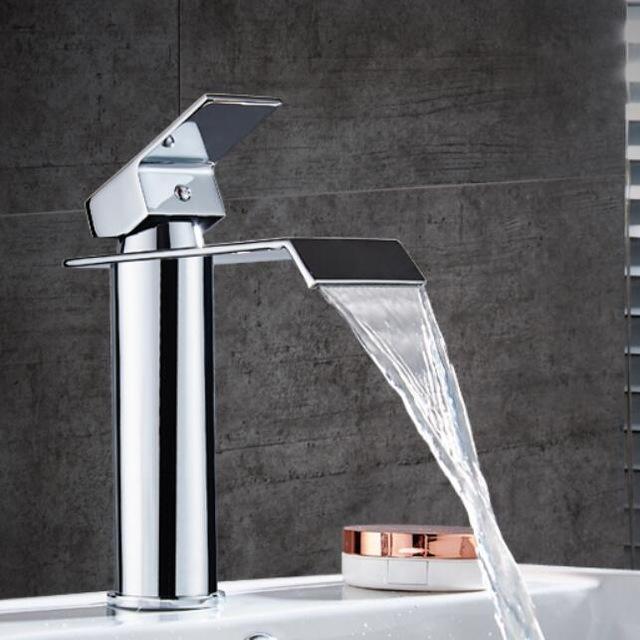 Robinet de salle de bain de luxe cascade en laiton doré et blanc - Robinet de lavabo contemporain à montage sur plage avec poignée unique
